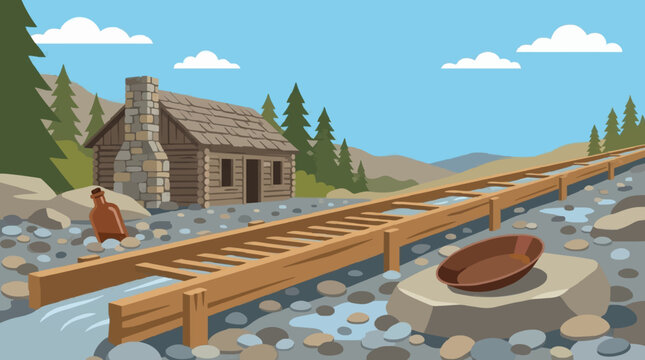 Gold Rush Scene with Sluice Box and Cabin Flat Design Vector