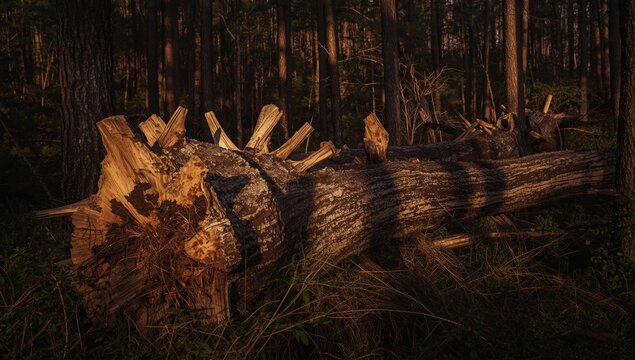 Loblolly pines felled by southern pine beetle highlighted by afternoon sunlight in forest conservation area