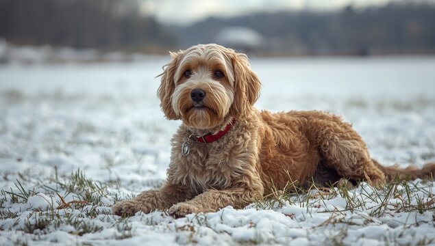Lively winter portrait showing a healthy Spinone Italiano pet playing on snow covered grass