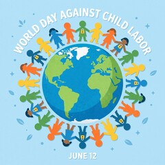 Naklejka premium A blue and green Earth globe surrounded by cutout paper children holding hands, some with lock icons, for World Day Against Child Labor on June 12.