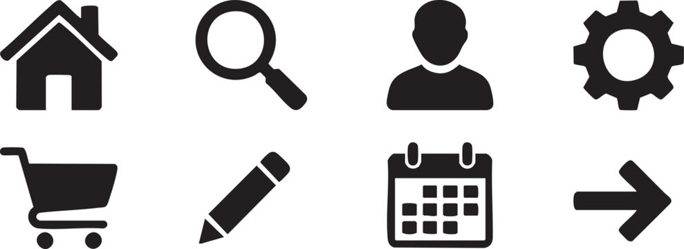 Minimalist, black, silhouette, website, icons, collection, containing, home, search, profile, settings, shopping, cart, pencil, calendar, next, arrow, graphic, user, interface,
