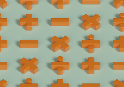Isometric seamless pattern of arithmetic symbols in three dimensions. 3D illustration.