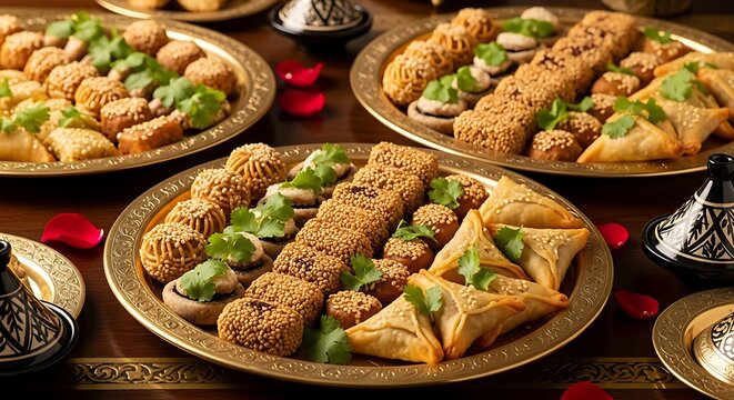 Moroccan inspired sweet pastries and bites on gold plates. Moroccan inspired bites