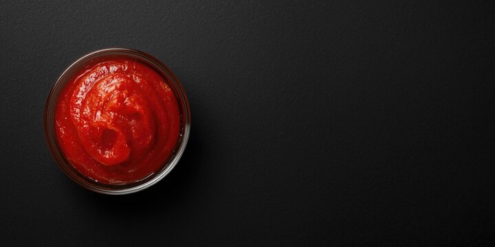 Smooth red tomato paste inside glass bowl set on black backdrop with copy space
