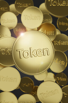 Token coins floating in the air. Vertical composition. 3D illustration.