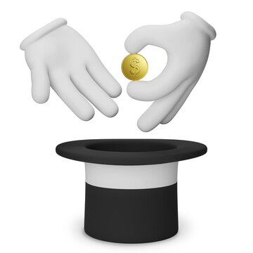 Cartoon hands of a magician holding a coin on top of a top hat. 3D illustration.
