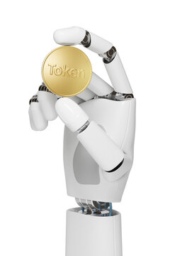 Robot hand holding a token coin isolated on white background. 3D illustration.