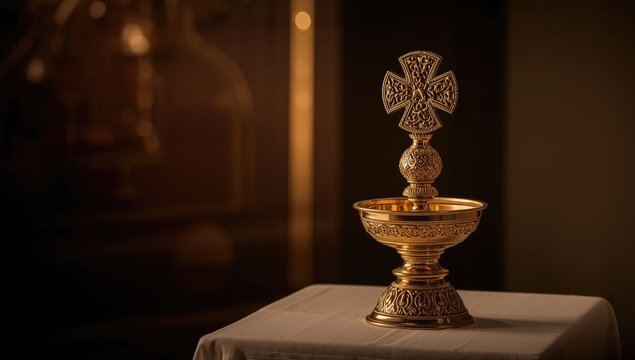 Sacred oil holder used during religious sacraments including baptism and consecration rites