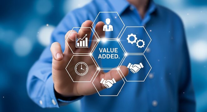 Man's hand touching a digital interface with hexagons showing business and "value added" text technology