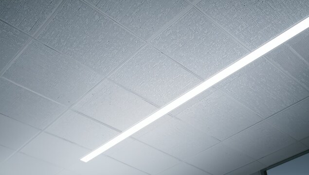 Low angle indoor photograph of white ceiling with PVC tile texture and lighting elements