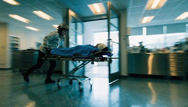 Professional paramedics urgently rushing a patient on a stretcher through hospital emergency room doors; high-speed action motion blur capturing the intensity of life-saving medical care, 8k.