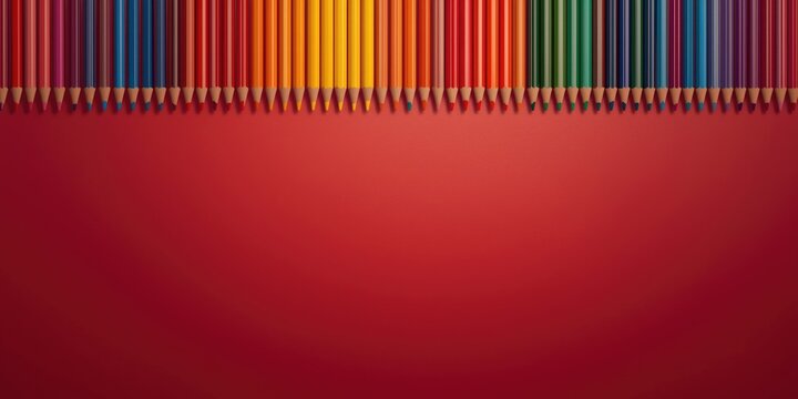 matte red background hosting colored pencils arranged overhead with plenty of copy space