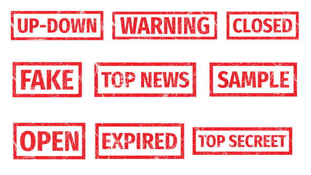 Set of nine red rubber stamp text imprints on white background with rectangular
