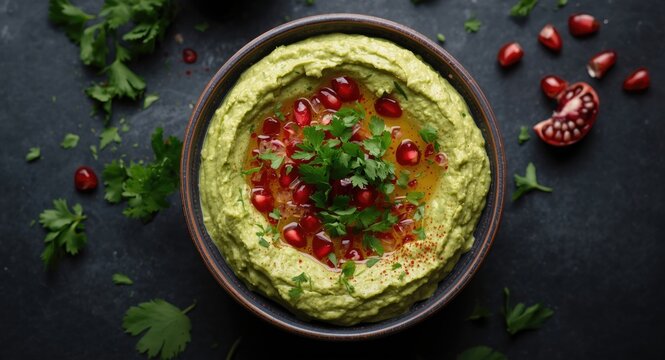 Top view of vegan Middle Eastern hummus with avocado parsley and pomegranate on dark surface