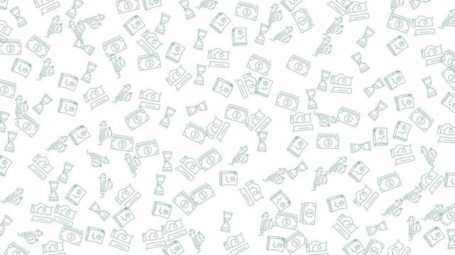 Scattered dollar bills hourglass icons pattern, suitable for financial presentations, website backgrounds, and businessrelated designs needing a moneythemed visual.
