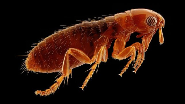 Detailed microscopic view of a flea showcasing its intricate segmented legs and complex mouthparts against a dark background