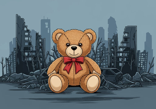 Vector illustration of a brown plush teddy bear with a red bow tie sitting in front of a ruined post-apocalyptic city with destroyed buildings, rubble, and debris in the background.