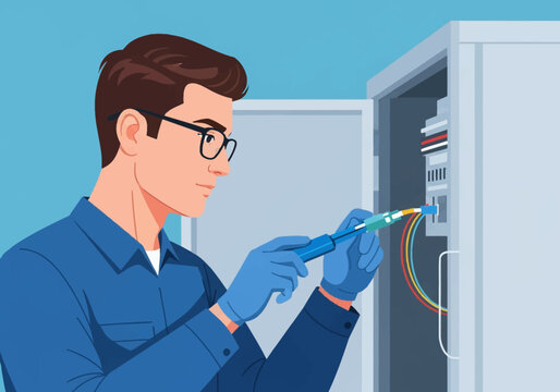 Male technician wearing glasses and blue gloves performing maintenance on a fiber optic network cabinet, connecting a blue cable into a patch panel inside a server rack unit.