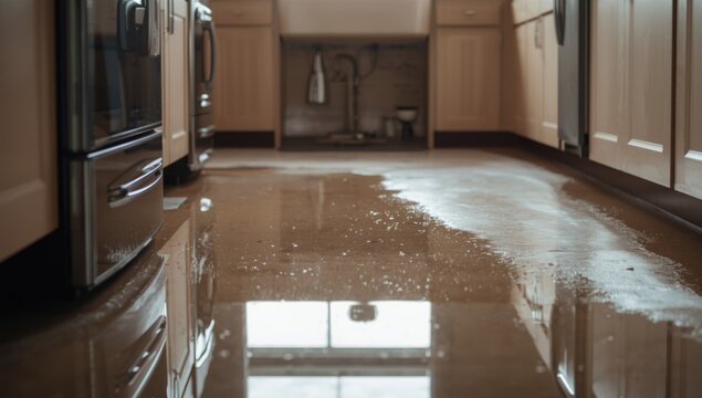 Kitchen floor covered with water from sink overflow and leak