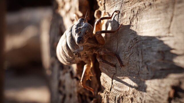 Empty Cicada Exoskeleton Clinging to Rough Tree Bark in Sunlight
