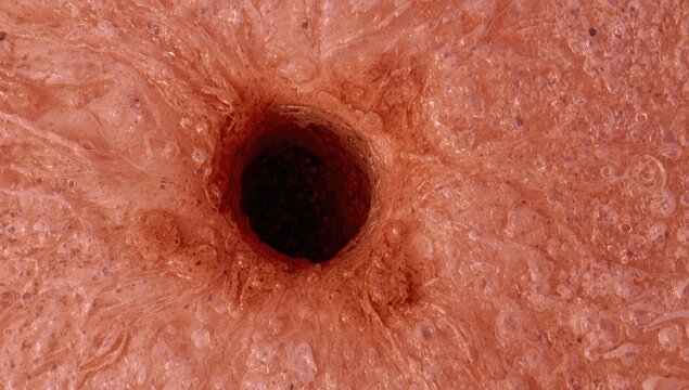Microscopic picture of melanoma showing skin tumor cells with melanin proliferation in the dermal tissue