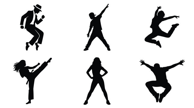 Set of black silhouette vector illustrations featuring diverse people performing various dynamic dance and action poses
