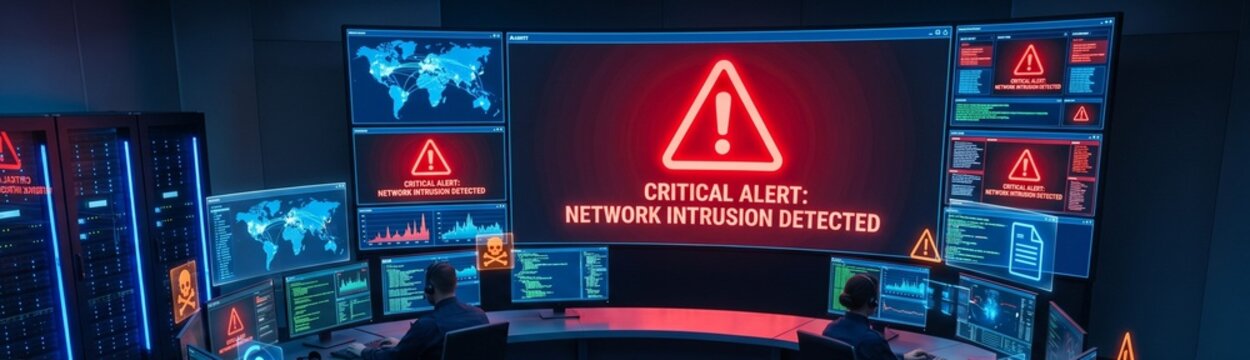 Cybersecurity operations center displays critical alert, network intrusion detected, highlighting urgent digital threat detection and proactive IT security management.