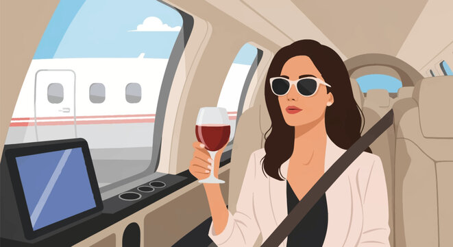 Vector illustration of a woman with dark hair and sunglasses sitting in a luxury private jet cabin holding a glass of red wine, featuring leather seats, cabin window, and an airplane on tarmac.
