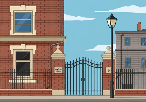 Architectural vector illustration of a red brick building and grey structure joined by a black wrought iron gate, featuring a vintage street lamp, stone pillars, and a clear blue sky.