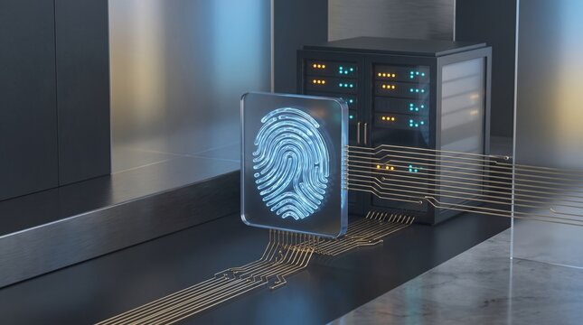 Biometric fingerprint scan icon hovering over secure server tower digital identity security e-commerce concept