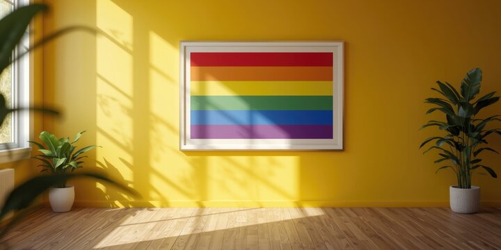 Shadow framed rainbow flag art on a bright yellow wall highlighting inclusivity in a lively space
