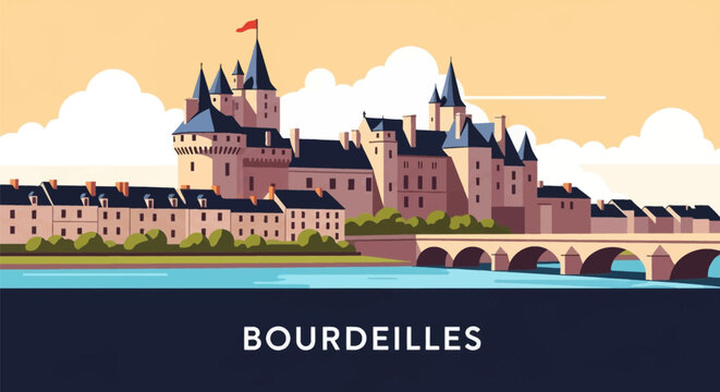 Flat vector illustration of Bourdeilles, France, featuring the historical Ch&acirc;teau de Bourdeilles medieval castle, a stone arched bridge over the river Dronne, and traditional skyline.