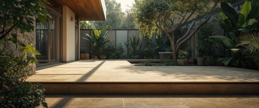 Summer season renovation showcasing a raised concrete deck and sheltered courtyard space
