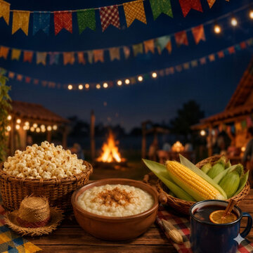 Comidas tipicas de festa junina com canjica pipoca e milho verde na mesa de madeira com fogueira ao fundo