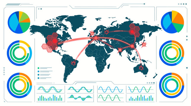 Digital Warfare Command Interface Vector Illustration with Global Cyber Attack Tracker World Map Infographic Dashboard and Signal Analytics Charts