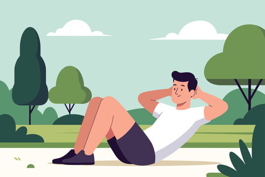 Fit young man wearing athletic clothes performing sit-up exercises on the grass in a peaceful public park with trees.