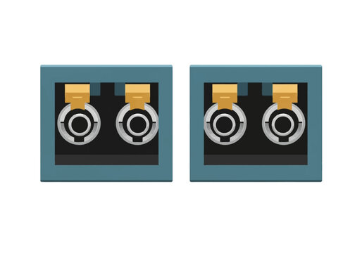 Vector illustration of two duplex fiber optic ports in blue housing, designed for high-speed telecommunications, data centers, and broadband network connections on white background.
