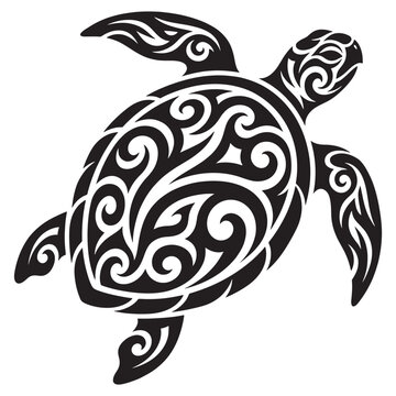 Intricate black tribal Maori tattoo design of a sea turtle isolated on transparent background