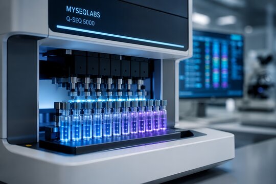 Automated laboratory DNA sequencing machine analyzing a row of clear glass vials illuminated with neon blue and purple light
