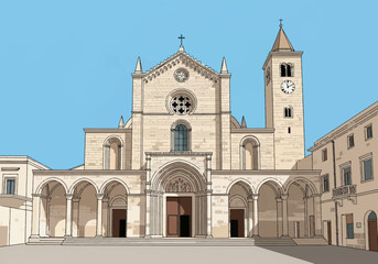 Obraz premium Detailed vector illustration of a medieval Romanesque cathedral facade with a stone portico, arched columns, central entrance, rose window, and a square clock tower against a blue sky.