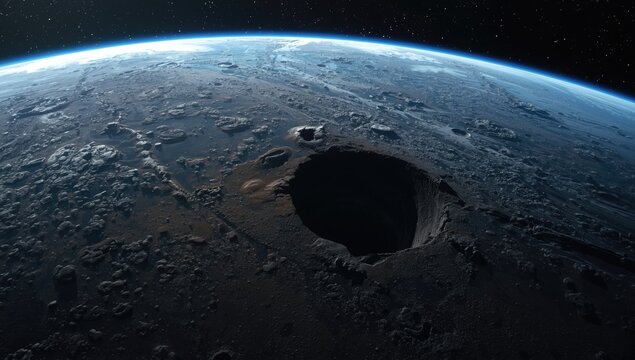 Planetary surface showing a prominent meteor strike crater from space
