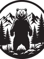 Obraz premium Majestic Grizzly Bear Standing Tall Amidst Snowy Mountains and Pine Trees Emblematic of Wilderness