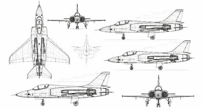 Detailed technical blueprints of a modern military jet aircraft