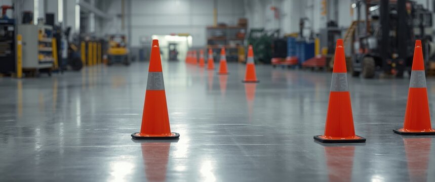 Industrial floor marked with safety cones to control access while equipment is serviced