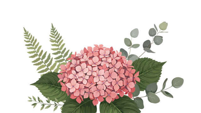 Pink hydrangea flowers in a natural foliage arrangement Vector