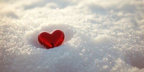 Fototapeta premium Shiny red heart resting on powdery snow evoking love and cozy warmth in winter landscape