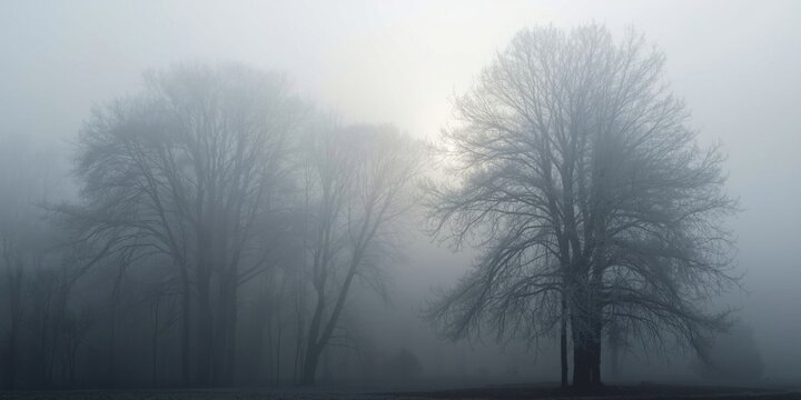 Winter morning scene with fog enveloping frost coated trees in a quiet forest