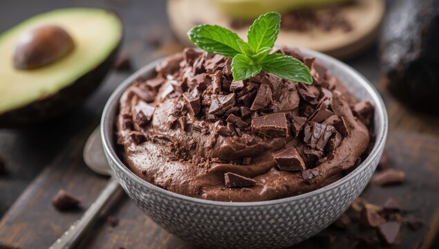 Refreshing raw avocado chocolate mousse with chocolate pieces and mint sprig topping