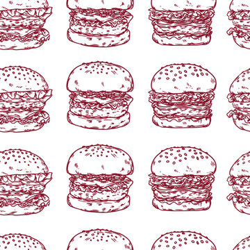 Hand-drawn burger seamless pattern vector illustration.