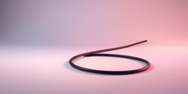 Spiral dark cable resting on soft pastel backdrop featuring copy space